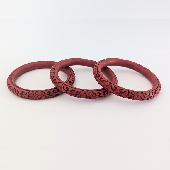 Vintage/Estate Red Carved Chinese Cinnabar Bangle Bracelets; Set of 3 - Picture 3 of 13